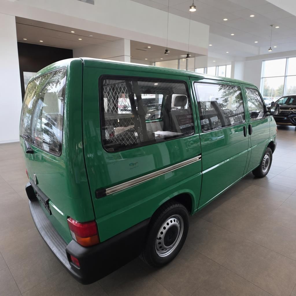 VW T4 Bus grün Heckansicht schräg im Showroom