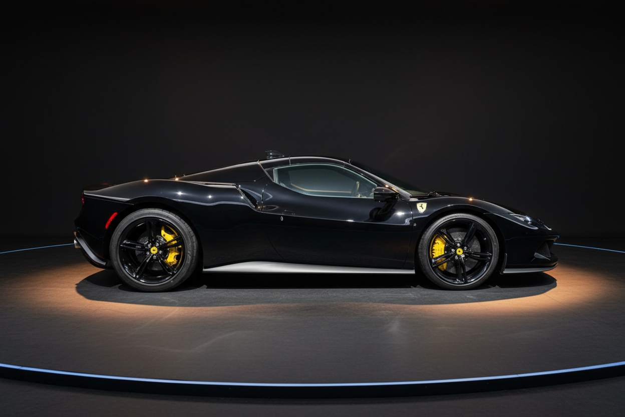 Schwarzer Ferrari 296 GTB Sportwagen in Seitenansicht mit gelben Bremssätteln und schwarzen Felgen in einem dunklen Showroom mit professioneller Beleuchtung