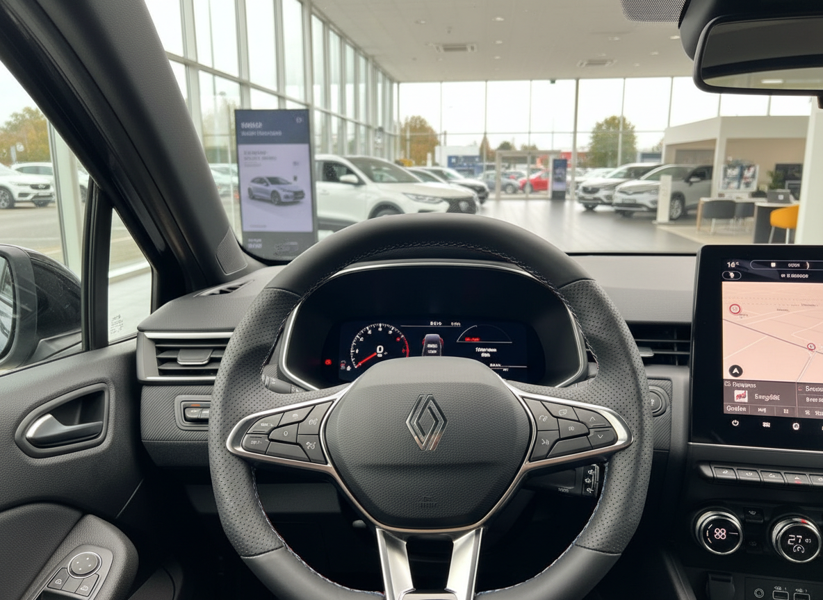 Renault Innenraum mit Lenkrad, Digitalcockpit und Navigationssystem im Autohaus