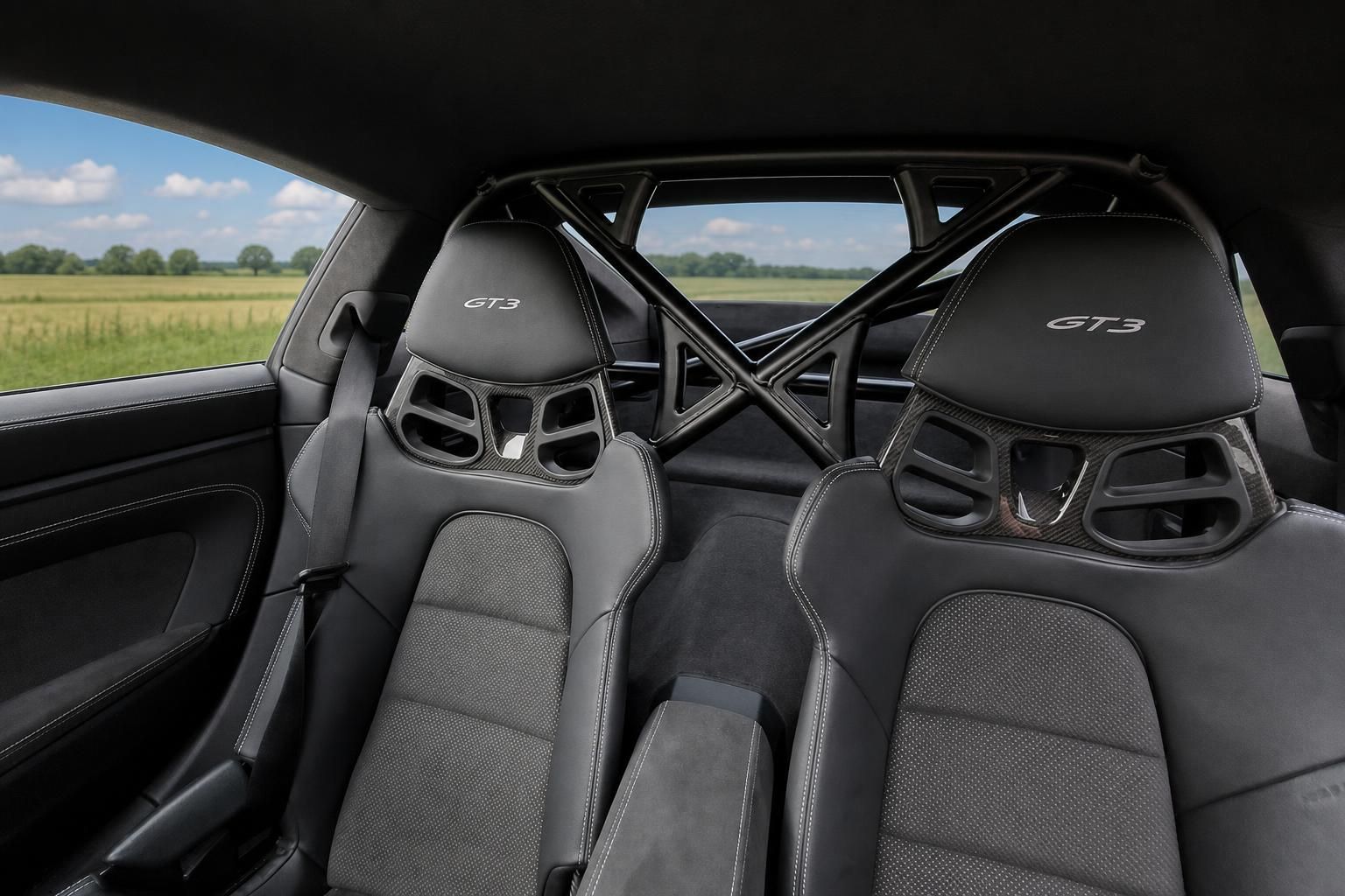 Porsche 911 GT3 Innenraum Rücksitze mit Überrollkäfig und GT3-Schriftzug auf Kopfstützen