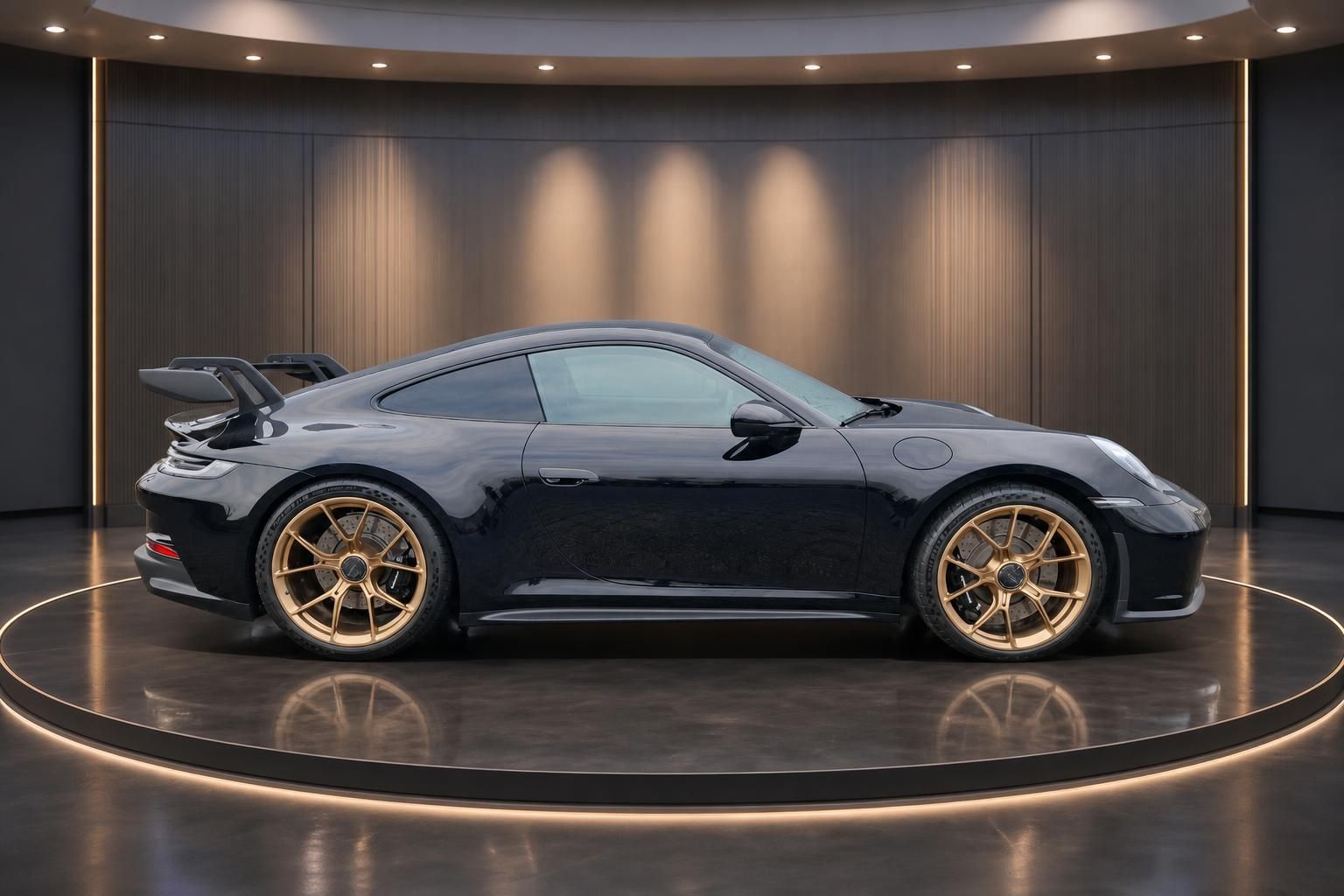 Porsche 911 GT3 Seitenansicht in schwarz mit goldenen Rädern auf rundem Ausstellungsplattform