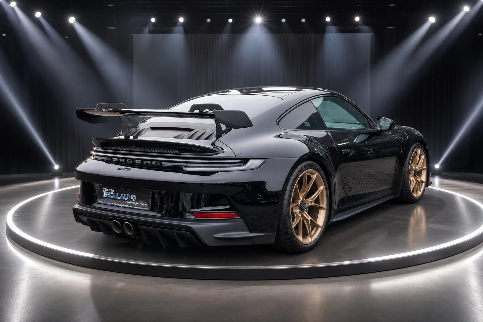 Porsche 911 GT3 Heckansicht mit Spoiler und Doppelauspuff in schwarzer Lackierung