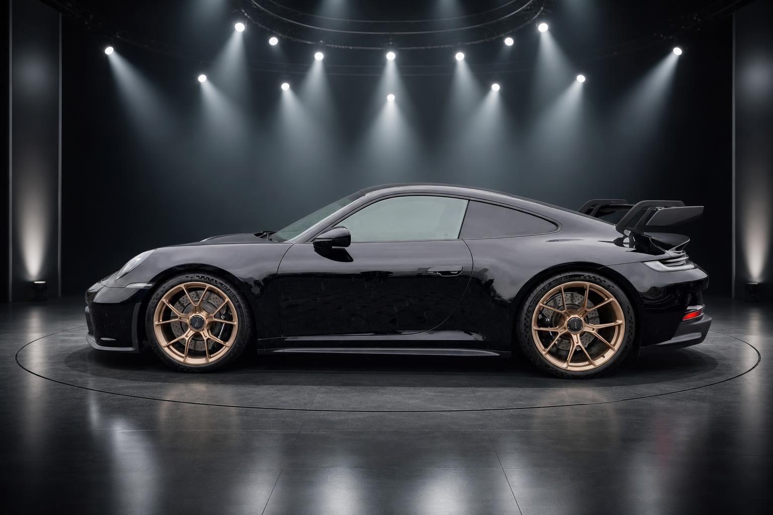 Porsche 911 GT3 schwarz Seitenansicht mit goldenen Felgen auf Drehbühne im Studio