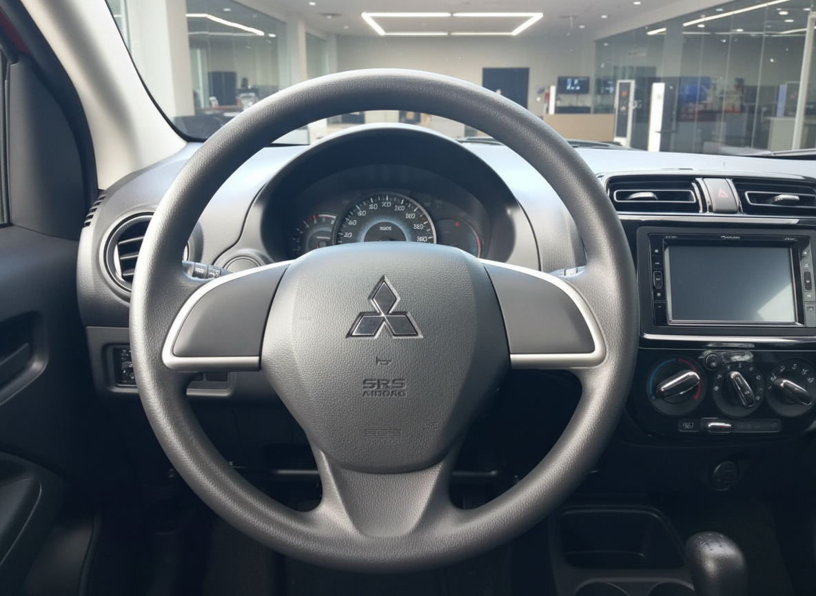 Mitsubishi Innenraum mit Lenkrad, Tacho und Infotainmentsystem in modernem Autohaus