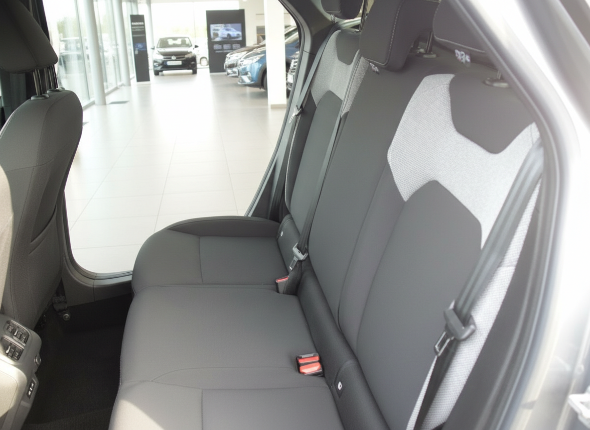 Fahrzeug Rücksitzbank mit grau-schwarzem Stoffbezug und Sicherheitsgurten im Autohaus