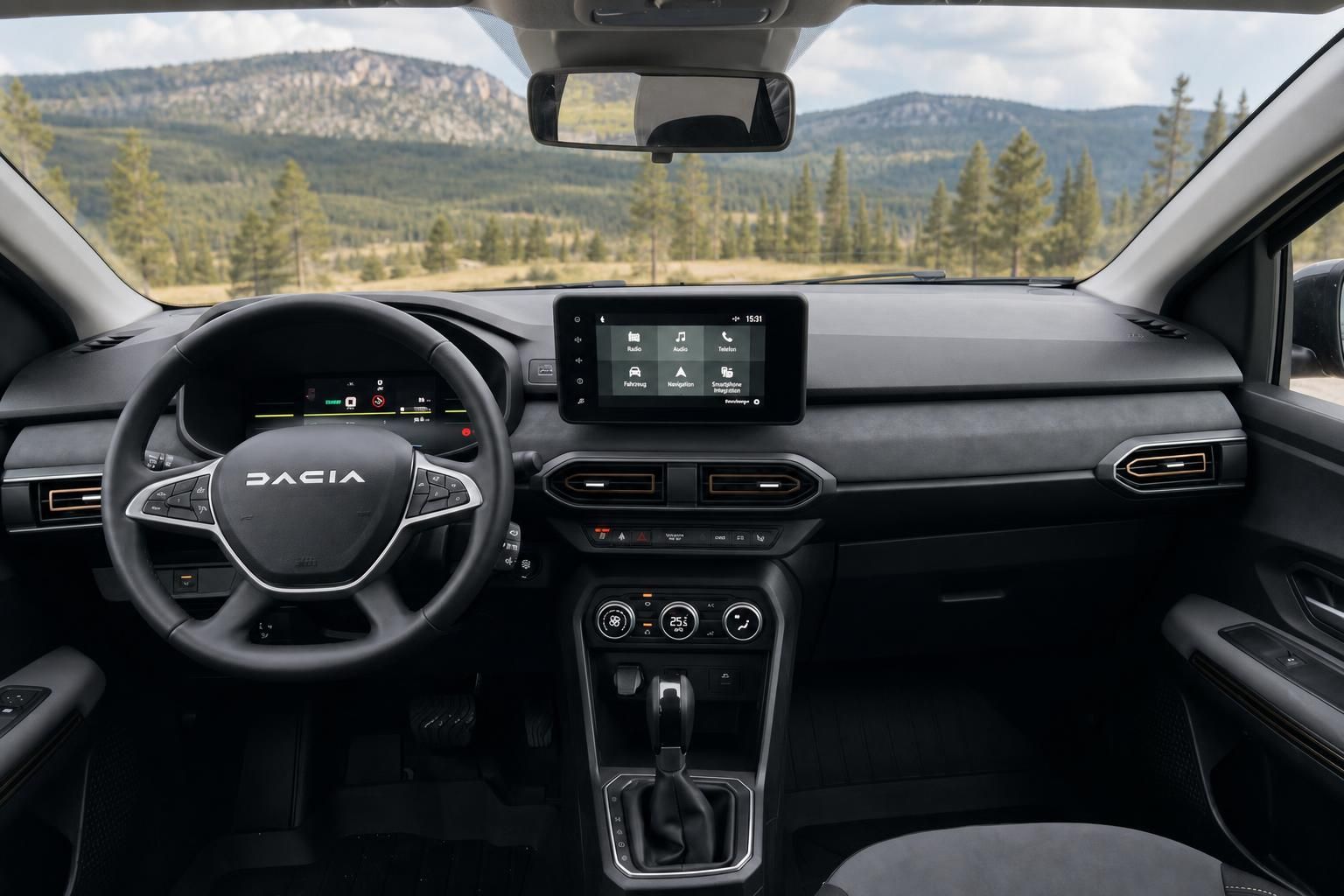 Dacia SUV Innenraum Cockpit mit Lenkrad und Touchscreen Display
