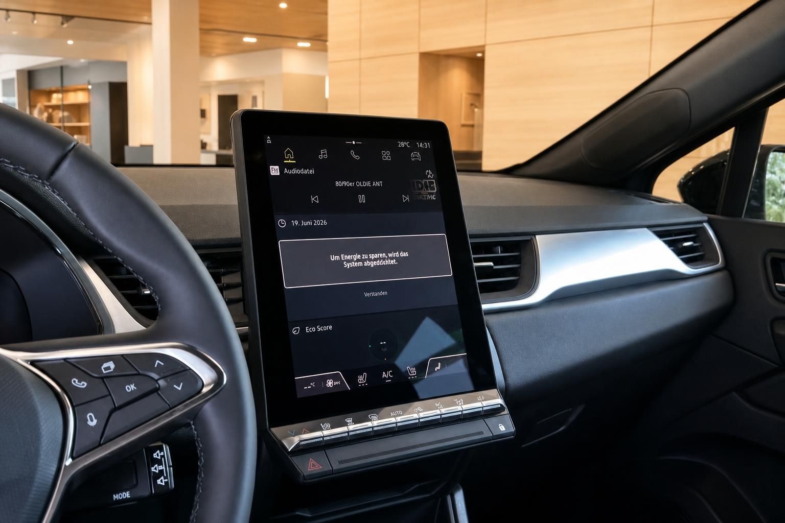Renault Infotainment-Touchscreen mit Menüansicht, Klimasteuerung und Audiodatei-Anzeige