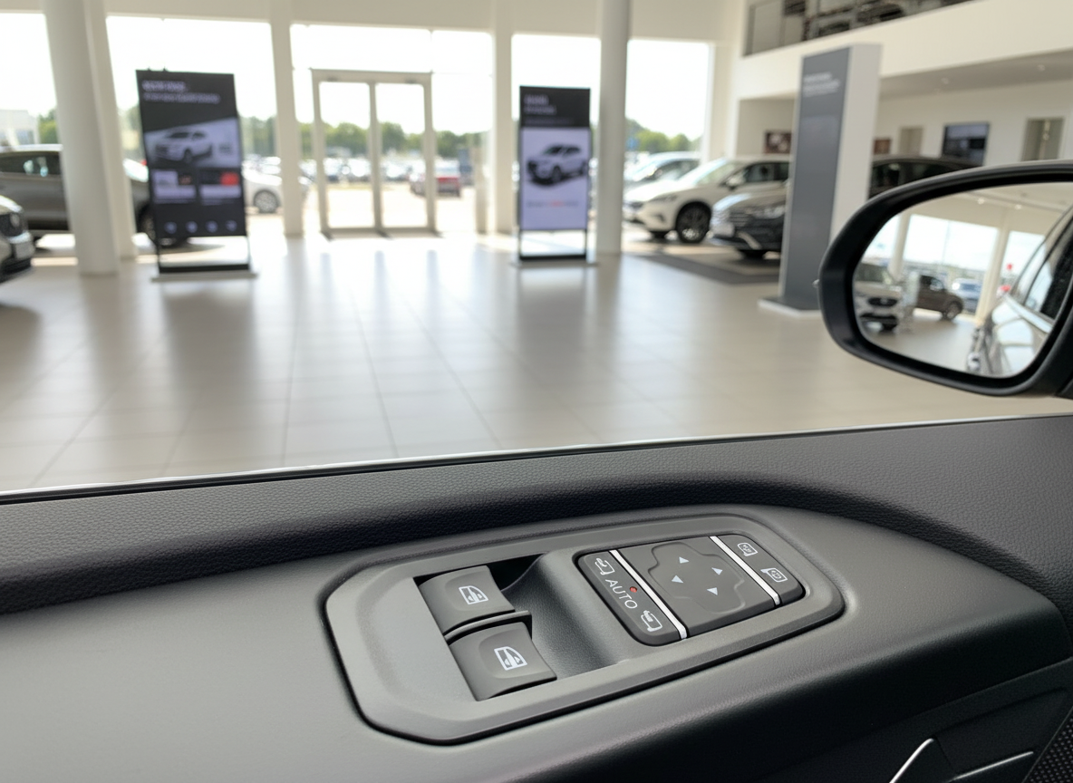 Fahrzeuginnenraum Türverkleidung mit Fensterheber und Spiegelverstellung im Autohaus