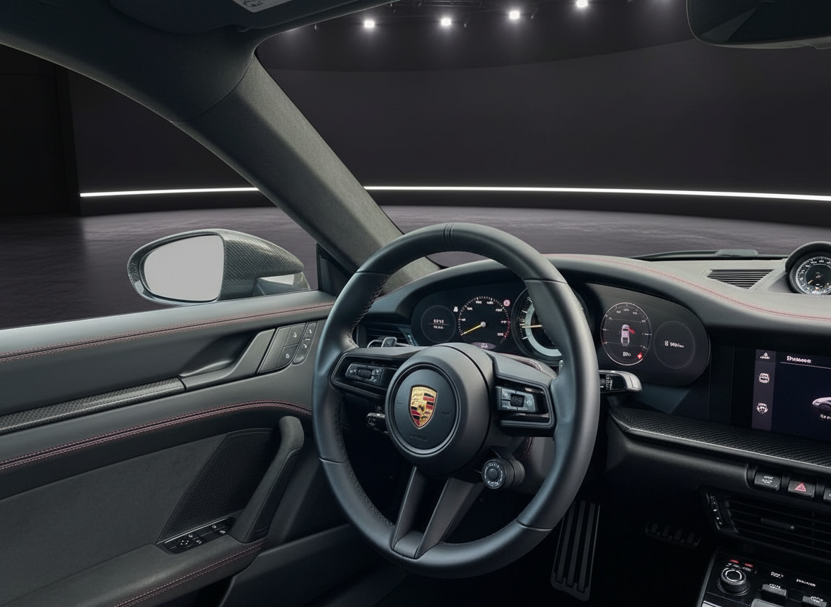 Porsche 911 Innenraum mit schwarzem Leder-Sportlenkrad und digitalen Instrumenten