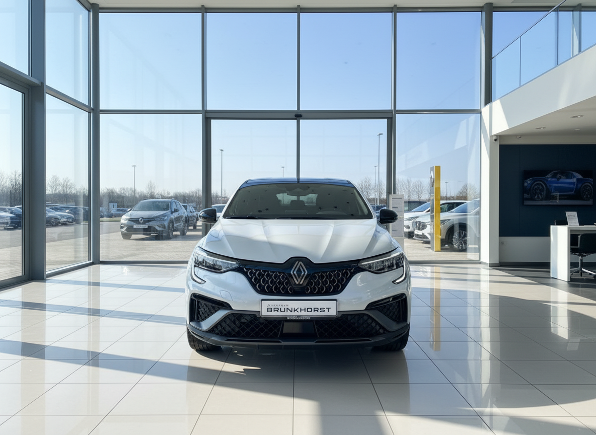 Weißer Renault Megane E-Tech Frontansicht im Autohaus Brunkhorst Showroom