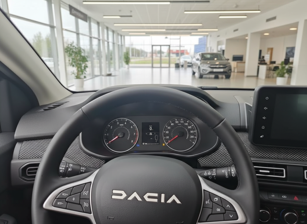 Dacia Innenraum mit Lenkrad und Instrumententafel in modernem Autohaus