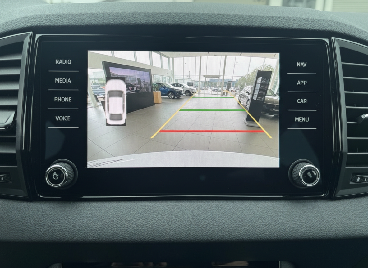 Fahrzeug-Infotainmentsystem mit Rückfahrkamera und Parklinien im Autohaus