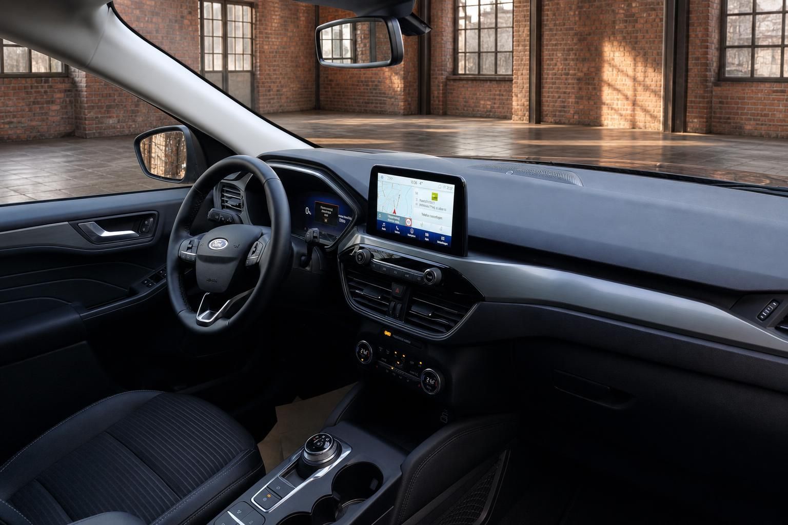 Ford Innenraum mit Cockpit, Lenkrad und Touchscreen-Navigationssystem