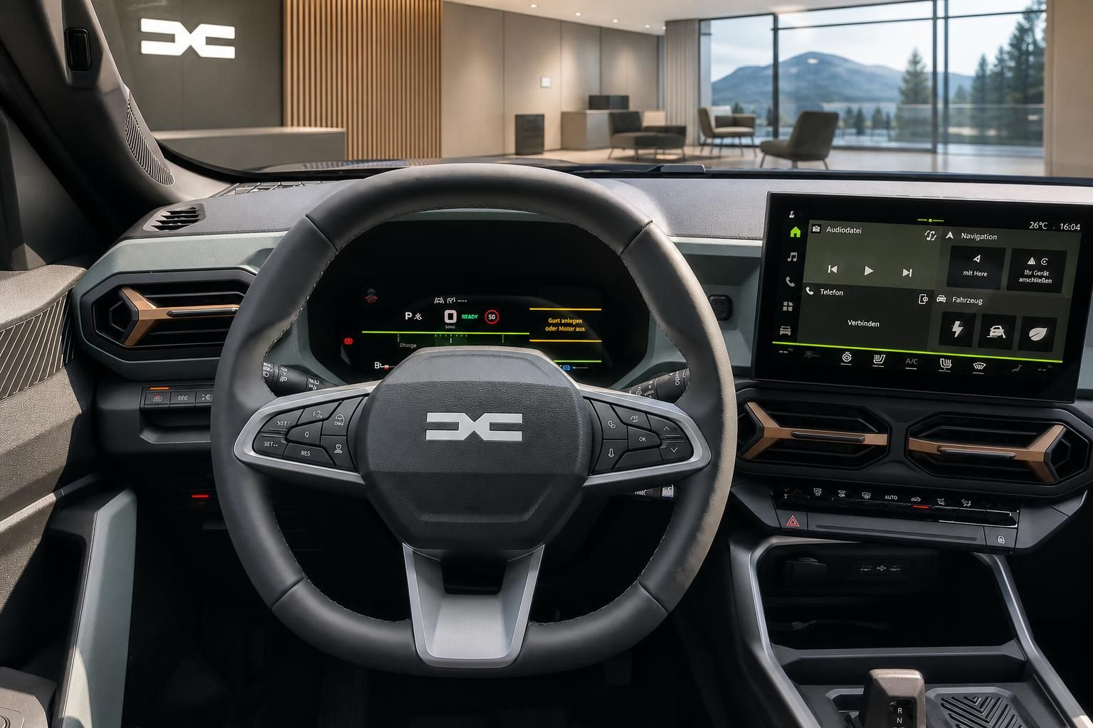 Auto Cockpit mit digitalem Display, Lenkrad und Mittelkonsole in modernem Design