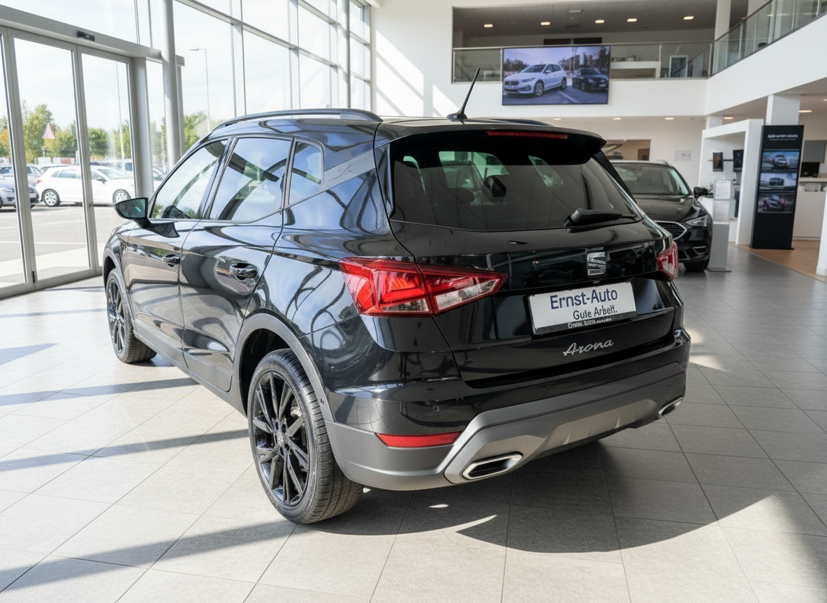 Schwarzer SEAT Arona SUV Heckansicht im Autohaus Ernst-Auto