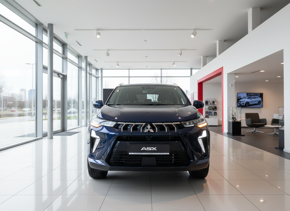 Mitsubishi ASX in Dunkelblau Frontansicht im Autohaus Showroom