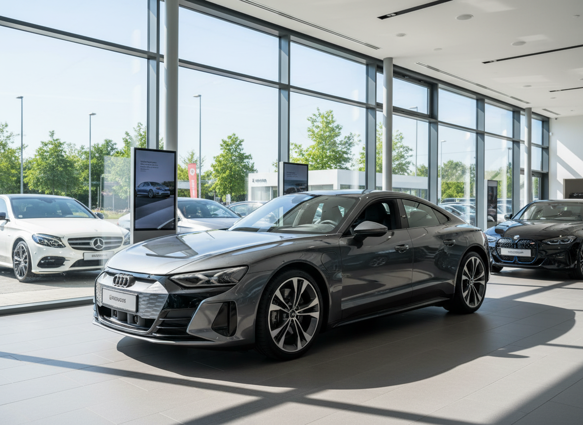 Grauer Audi e-tron GT im modernen Autohaus-Showroom mit Mercedes und BMW im Hintergrund