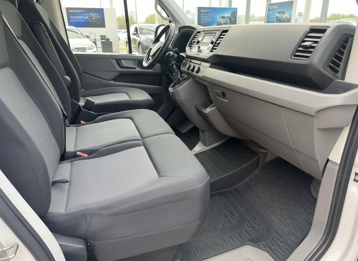 VW Crafter Innenraum mit Dreifachsitzbank, Armaturenbrett und Schaltgetriebe in grau