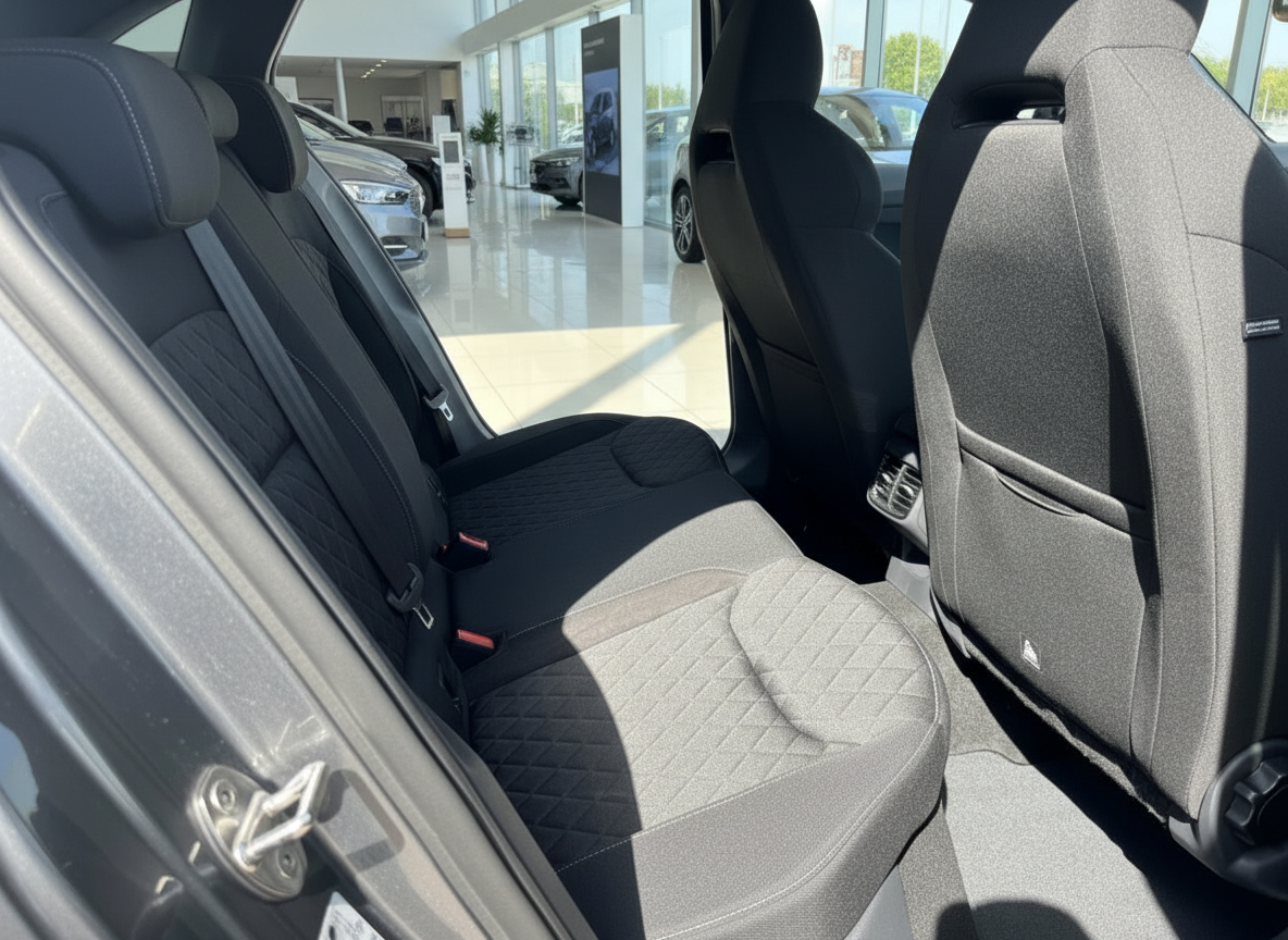 Fahrzeug Innenraum Rücksitzbank mit schwarzem Stoffbezug und Ziernähten im Autohaus