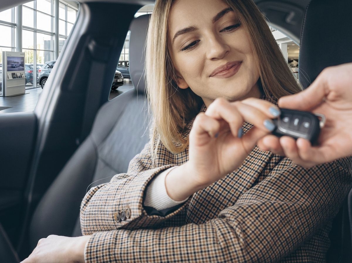 Frau erhält Autoschlüssel im Autohaus – Fahrzeugübergabe im Innenraum