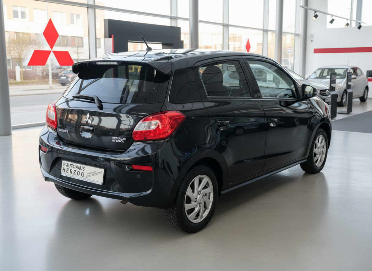 Schwarzer Mitsubishi Space Star Heckansicht im Autohaus Herzog Showroom