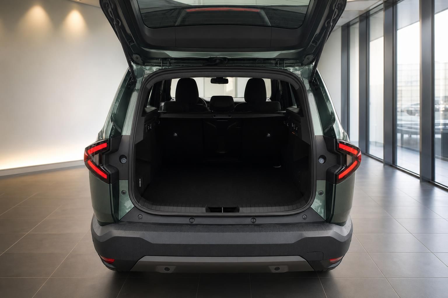 Dacia SUV Kofferraum geöffnet von hinten – geräumiger Laderaum im Autohaus
