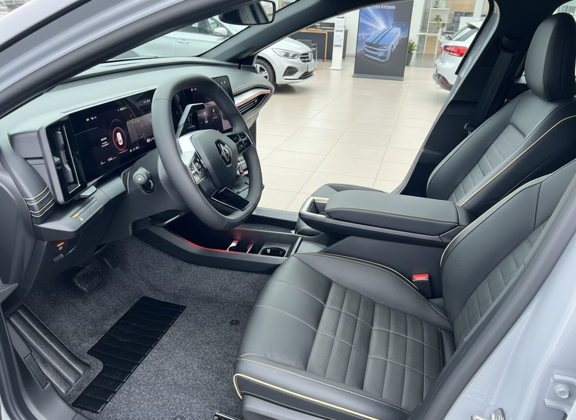 Modernes Fahrzeug Innenraum mit schwarzem Leder, digitalem Cockpit und großem Touchscreen im Autohaus