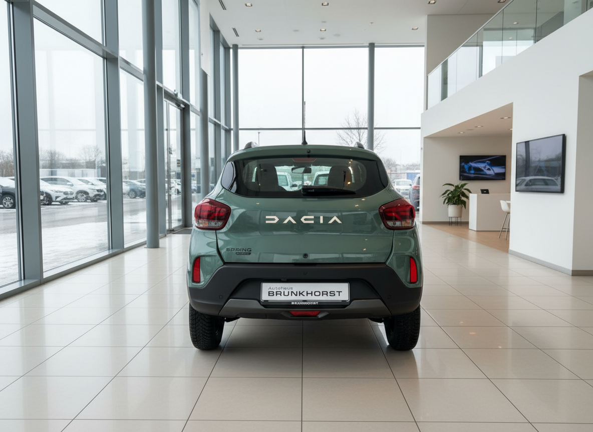 Dacia Spring Elektro in Grün Heckansicht im Autohaus Brunkhorst Showroom