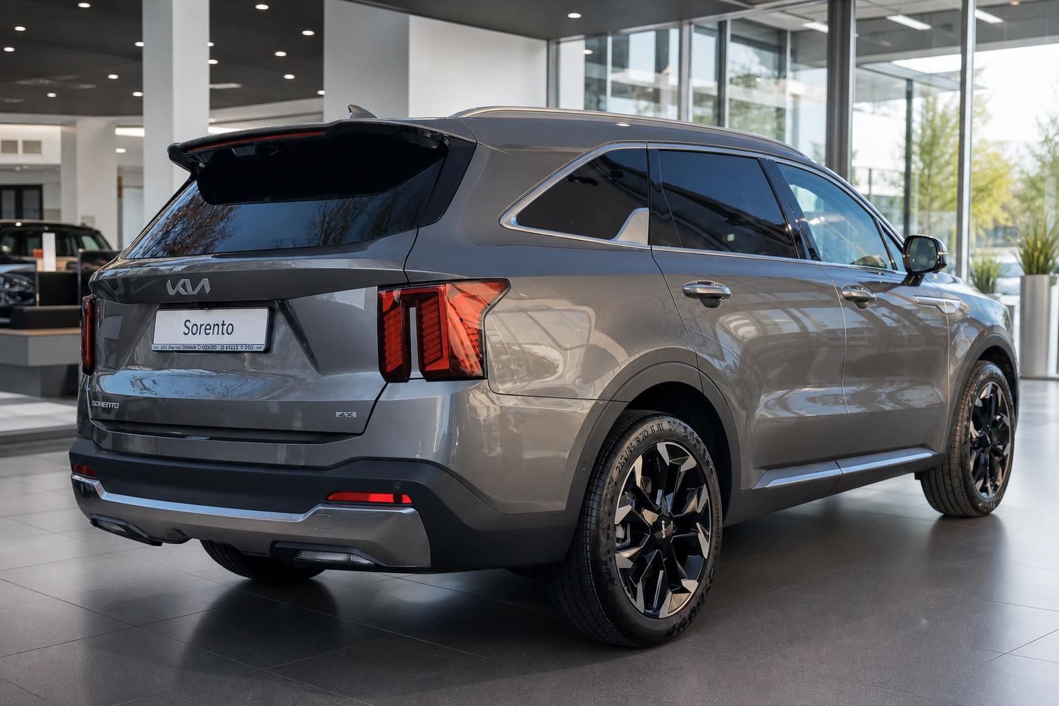 Kia Sorento SUV Heck-Seitenansicht in Grau im Autohaus