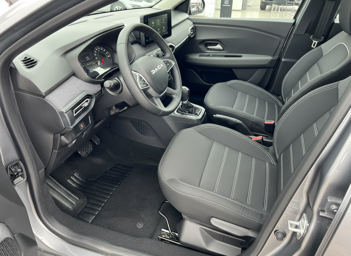 Dacia Innenraum Fahrerseite mit schwarzen Stoffsitzen, Lenkrad und Infotainment-Display