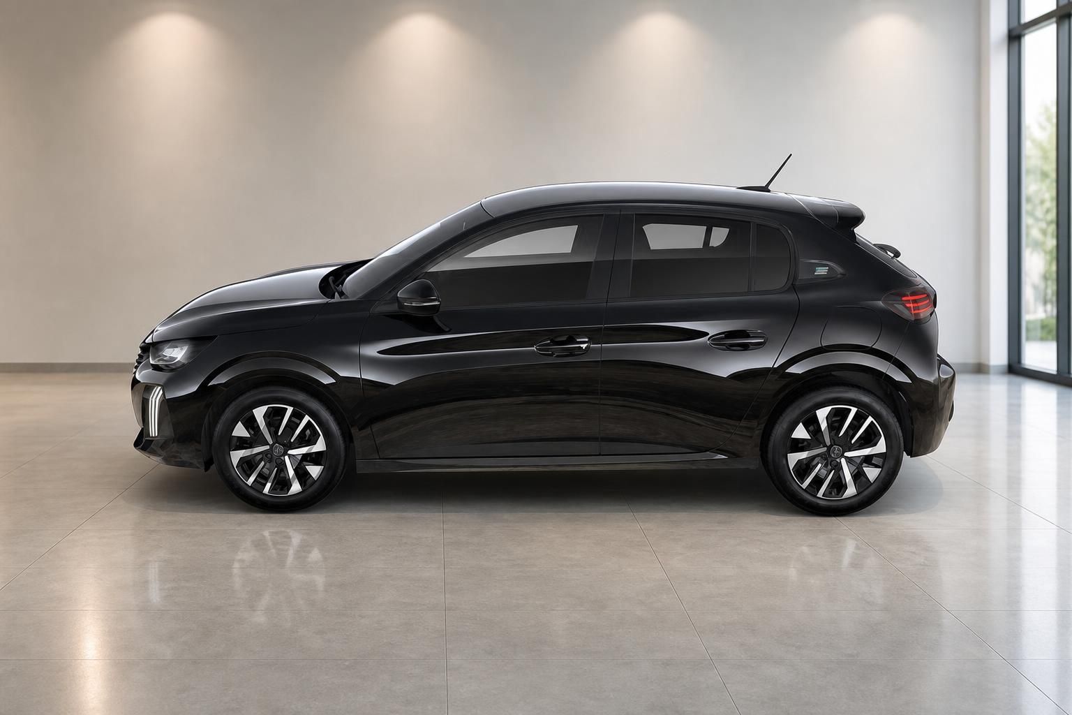 Peugeot e-208 schwarz Seitenansicht Elektroauto Showroom