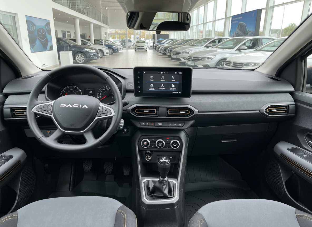 Dacia Sandero Innenraum Cockpit mit Infotainment-Display und Schaltgetriebe im Autohaus