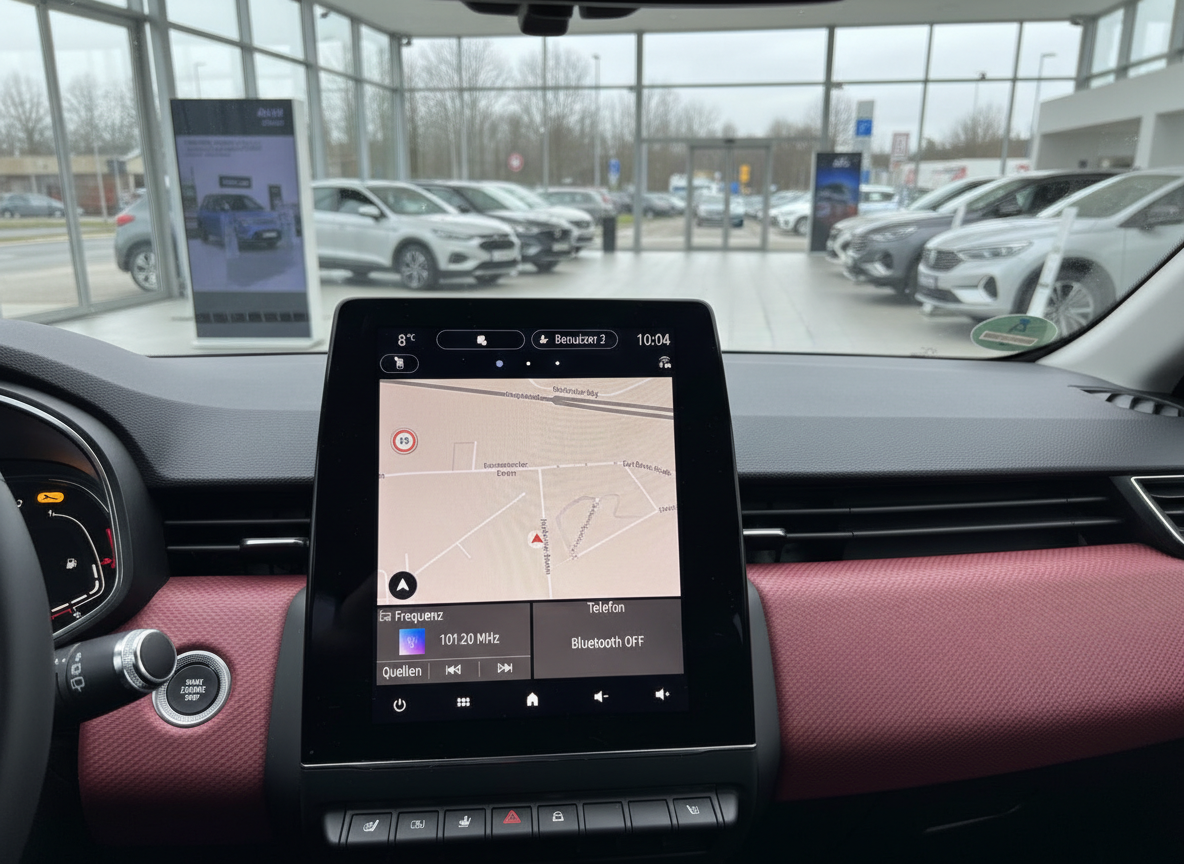 Fahrzeuginnenraum mit Infotainment-Display, Navigationskarte und Radio 101.20 MHz im Autohaus