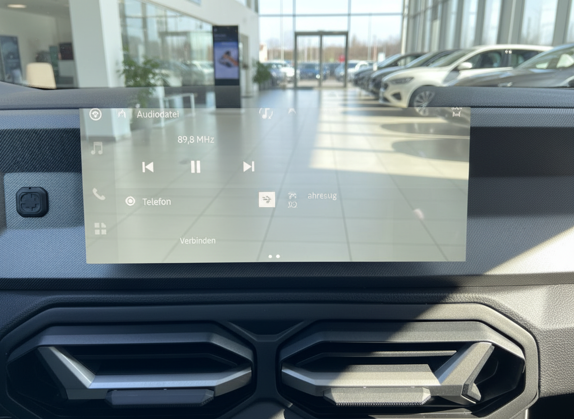 Fahrzeug-Infotainment-Display mit Audiodatei und Telefonmenü im Autohaus