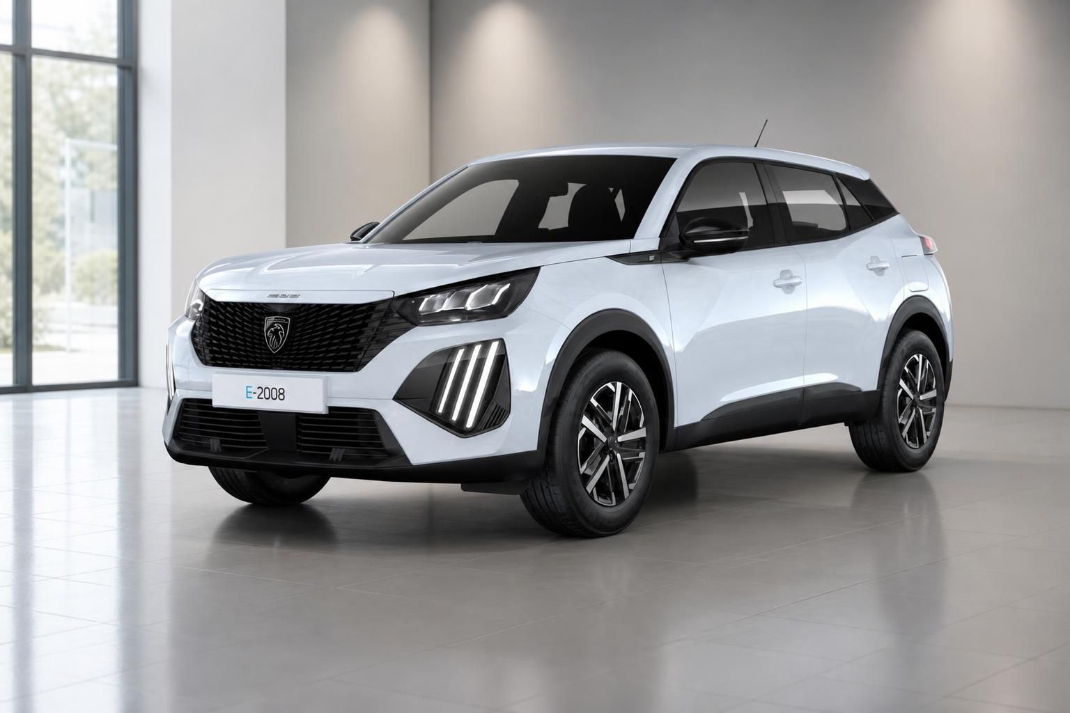 Peugeot E-2008 in Weiß Frontansicht im Showroom