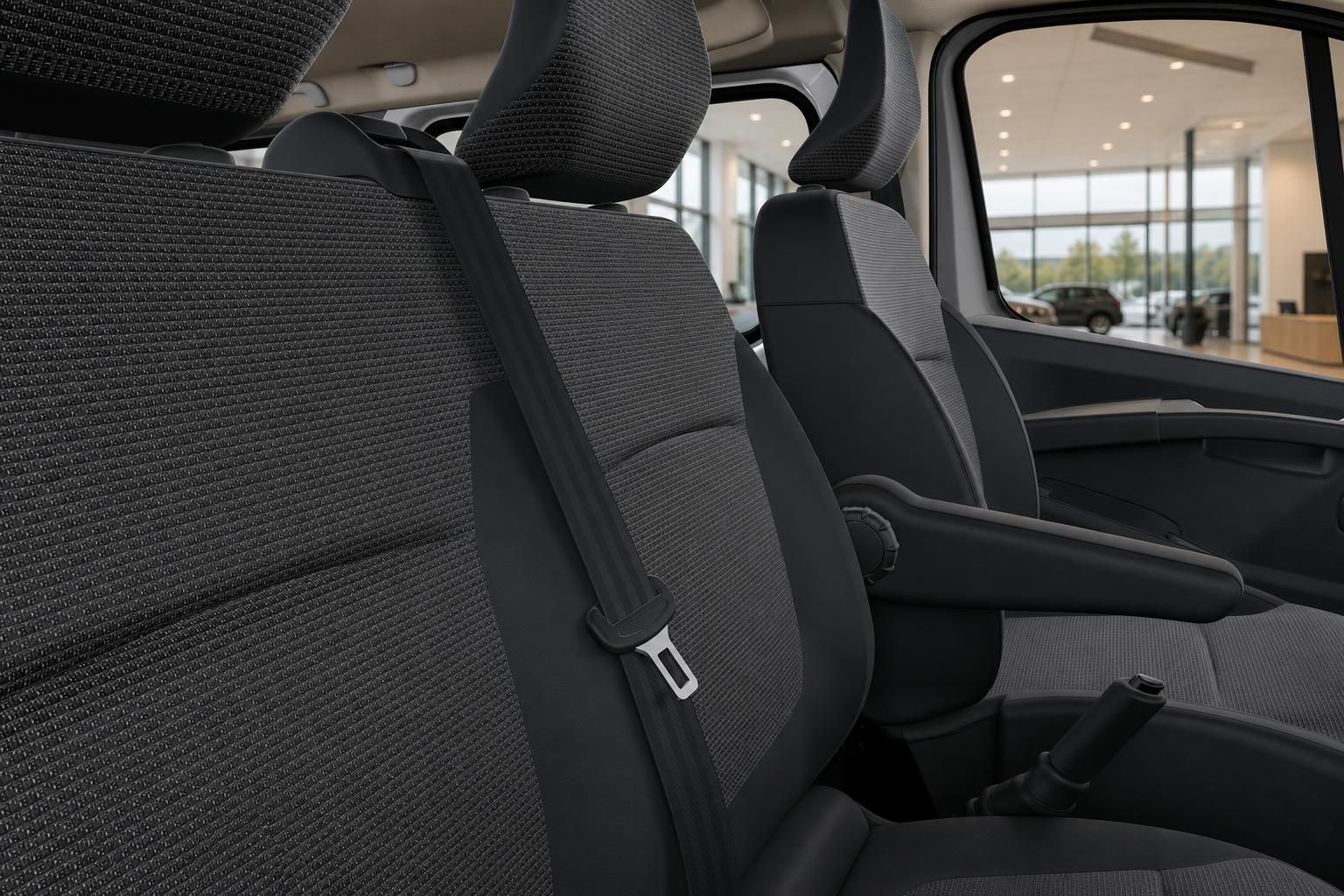 Renault Trafic Innenraum – Vordersitze mit Stoffbezug und Sicherheitsgurt im Autohaus