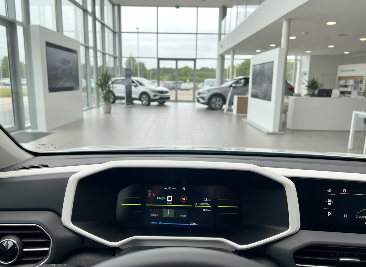 Volkswagen Elektrofahrzeug Innenraum mit digitalem Cockpit-Display im VW Autohaus