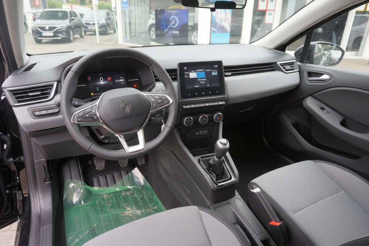 Renault Clio Innenraum mit Lenkrad, Schaltgetriebe und Touchscreen-Infotainment