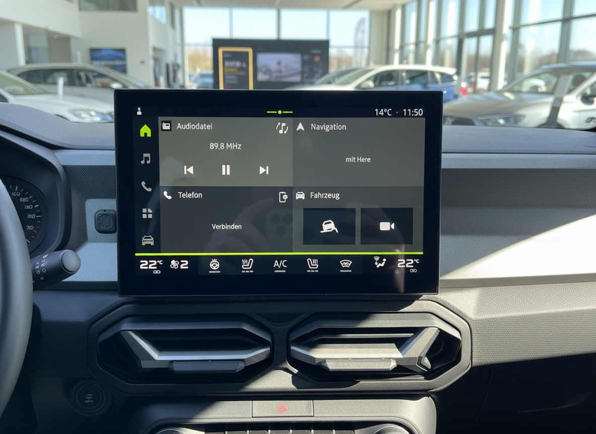 Dacia Infotainment-System Touchscreen mit Navigation, Radio und Klimasteuerung im Fahrzeuginnenraum