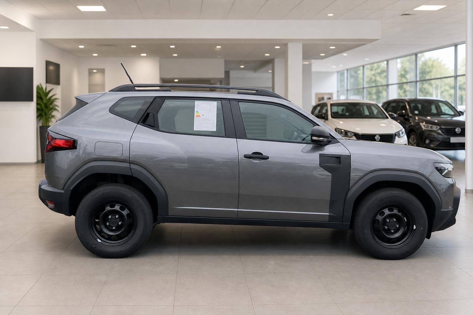 Dacia SUV grau Seitenansicht im Autohaus Showroom