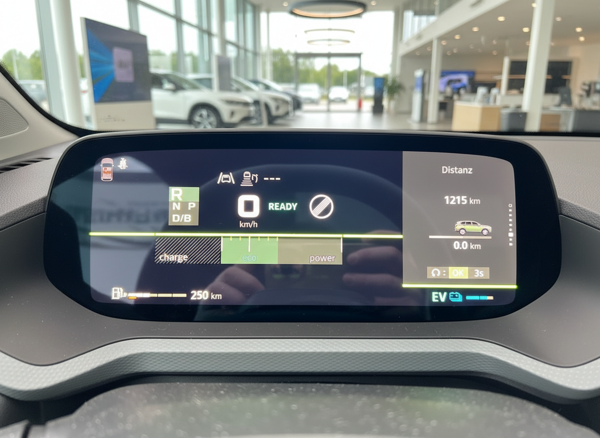 Digitales Kombiinstrument eines Hybrid-SUV mit Reichweitenanzeige 250 km und EV-Modus im Autohaus