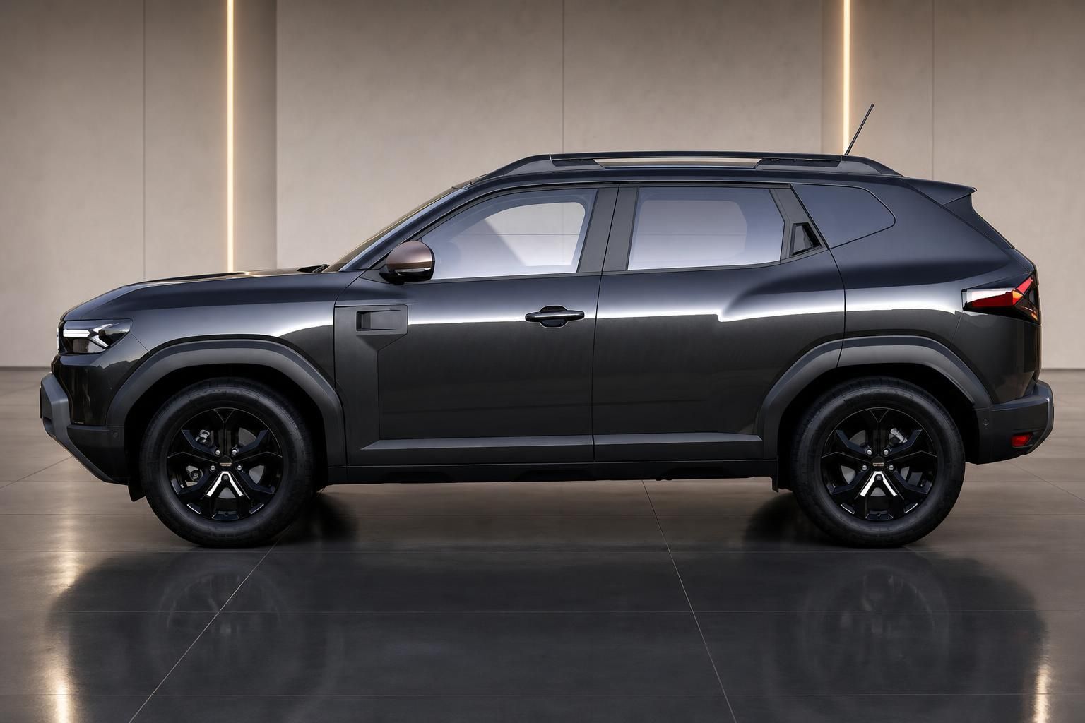 Dacia Duster Seitenansicht rechts schwarz mit schwarzen Felgen im Autohaus
