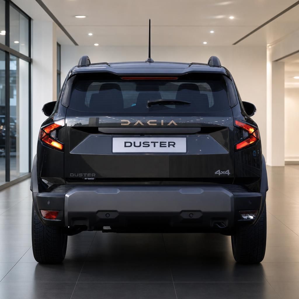 Dacia Duster 4x4 SUV Heckansicht in grau, moderne LED-Rückleuchten im Autohaus