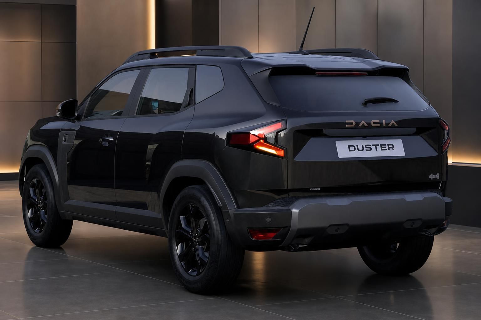 Dacia Duster SUV Heckansicht schräg, graues Fahrzeug mit LED-Rückleuchten und Duster-Schriftzug