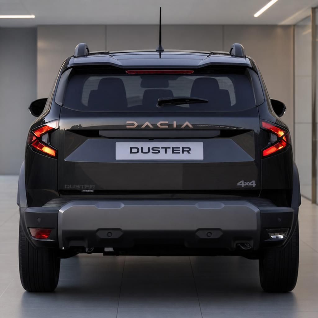 Dacia Duster SUV Heckansicht direkt, graues Fahrzeug mit Dacia-Logo und Kennzeichen