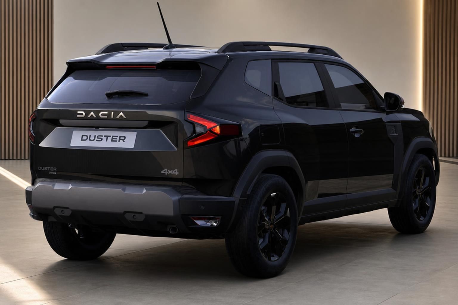 Dacia Duster SUV Heckansicht schräg in Grau mit 4x4 Allradantrieb und schwarzen Felgen