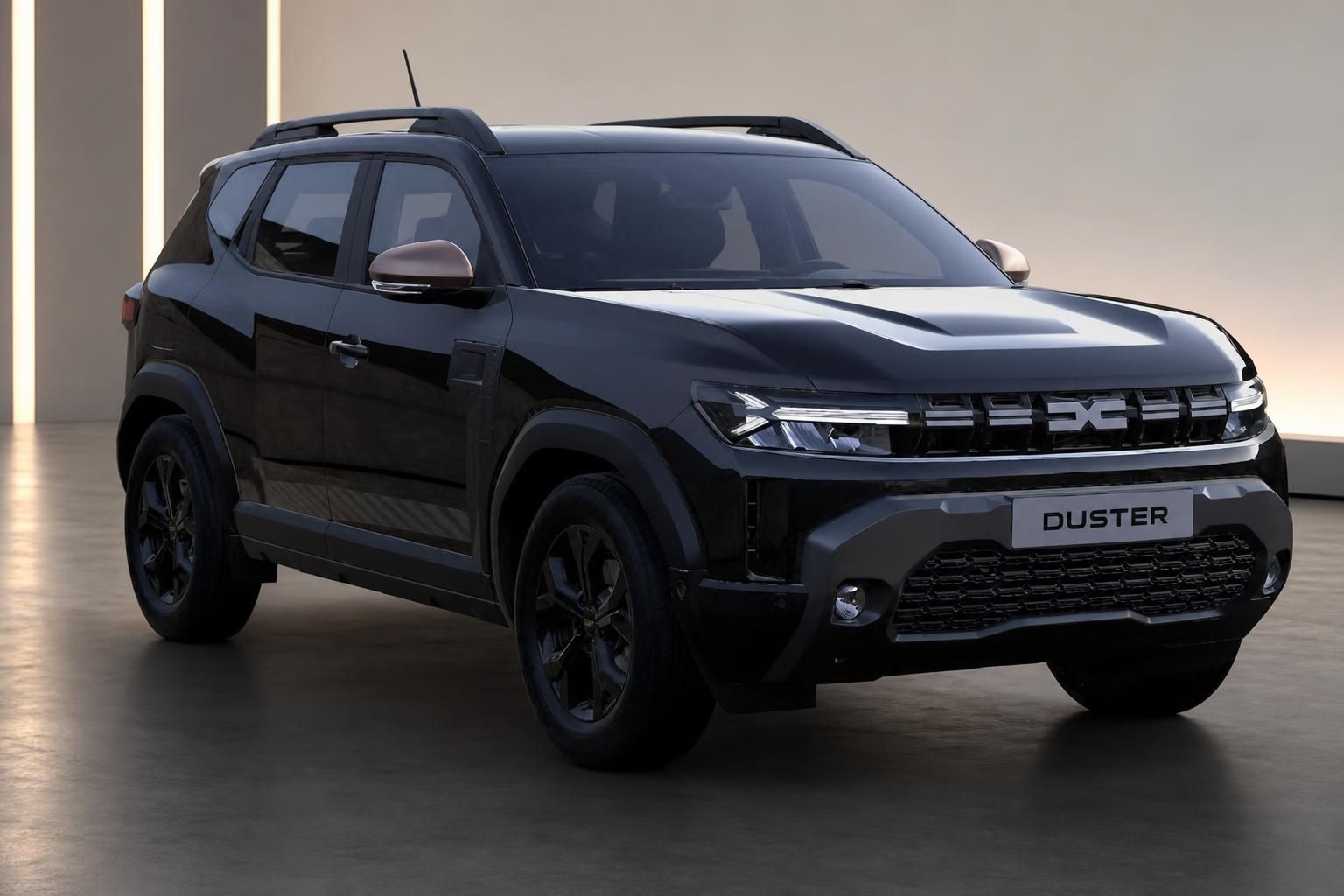 Dacia Duster SUV Frontansicht in schwarz mit LED-Scheinwerfern im Autohaus