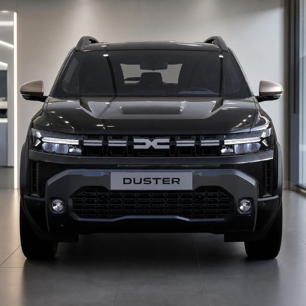 Dacia Duster Frontansicht schwarz mit Kühlergrill und Kennzeichen im Showroom