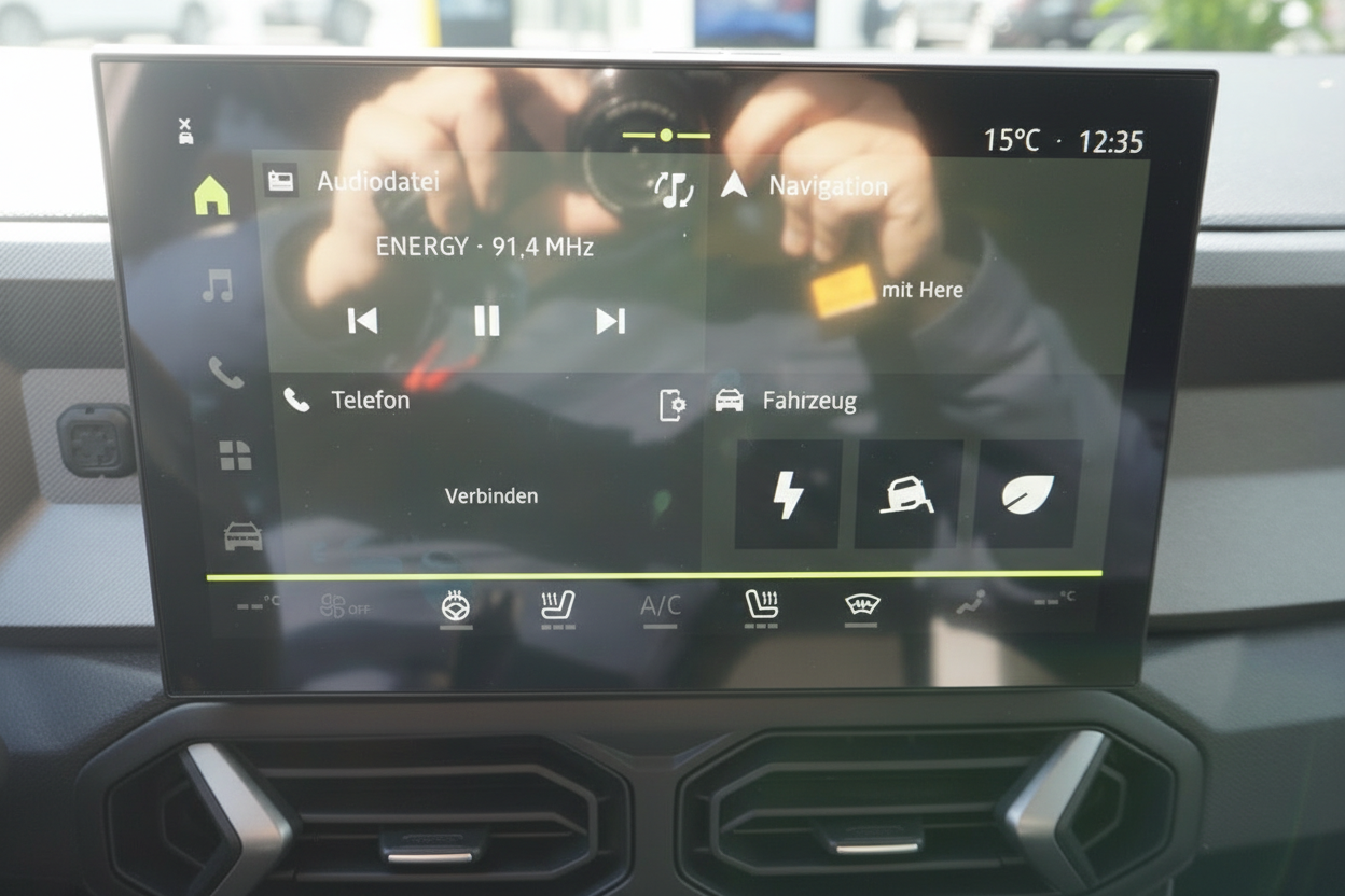 Fahrzeug-Infotainment-Display mit Radio ENERGY 91,4 MHz, Navigation und Fahrzeugmenü