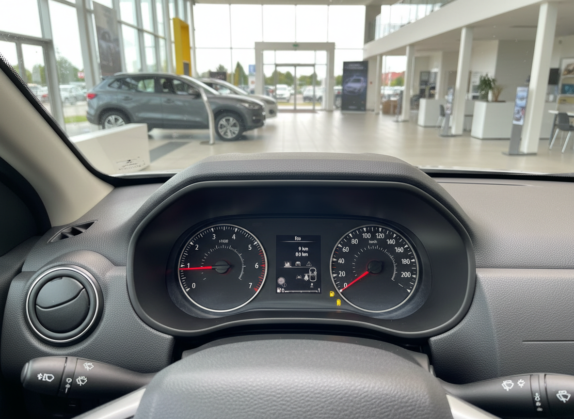 Armaturenbrett und Tacho eines Renault Neuwagens im Autohaus mit 9 km Laufleistung